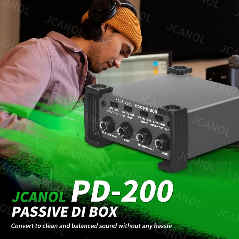 JCANOL وحدة PD200 ستيريو DI سلبية مع جهاز إزالة الضوضاء ومفتاح GND، مخفف إدخال لتوصيل الجيتار والبيس، صندوق مباشر 1/4" للأدوات إلى XLR متوازن وغير متوازن - Image 2